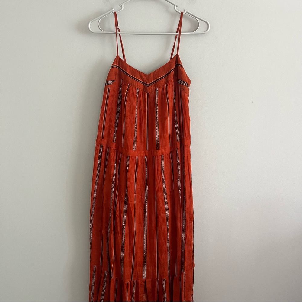 BA&SH Kyo Tiered Cotton Sleeveless Maxi Dress Caramel Brick Stripe Women's 6 - Picture 5 of 14